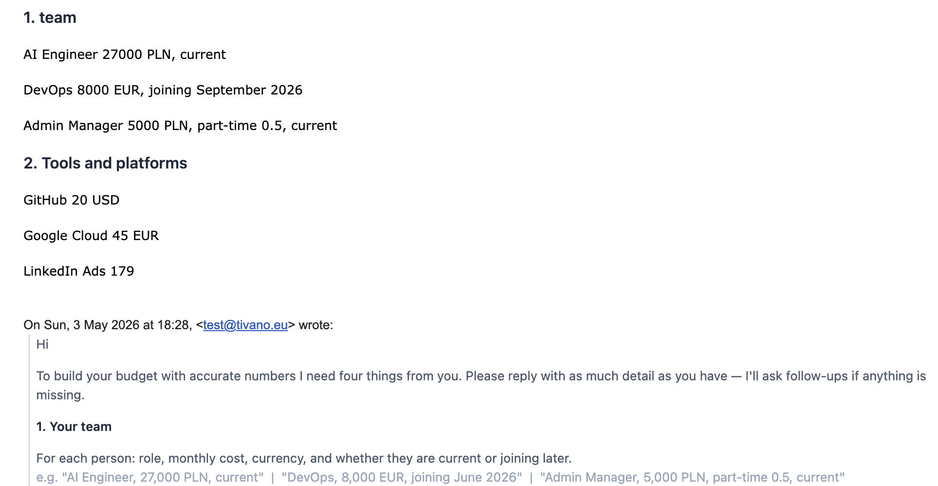 Example forecasting setup email