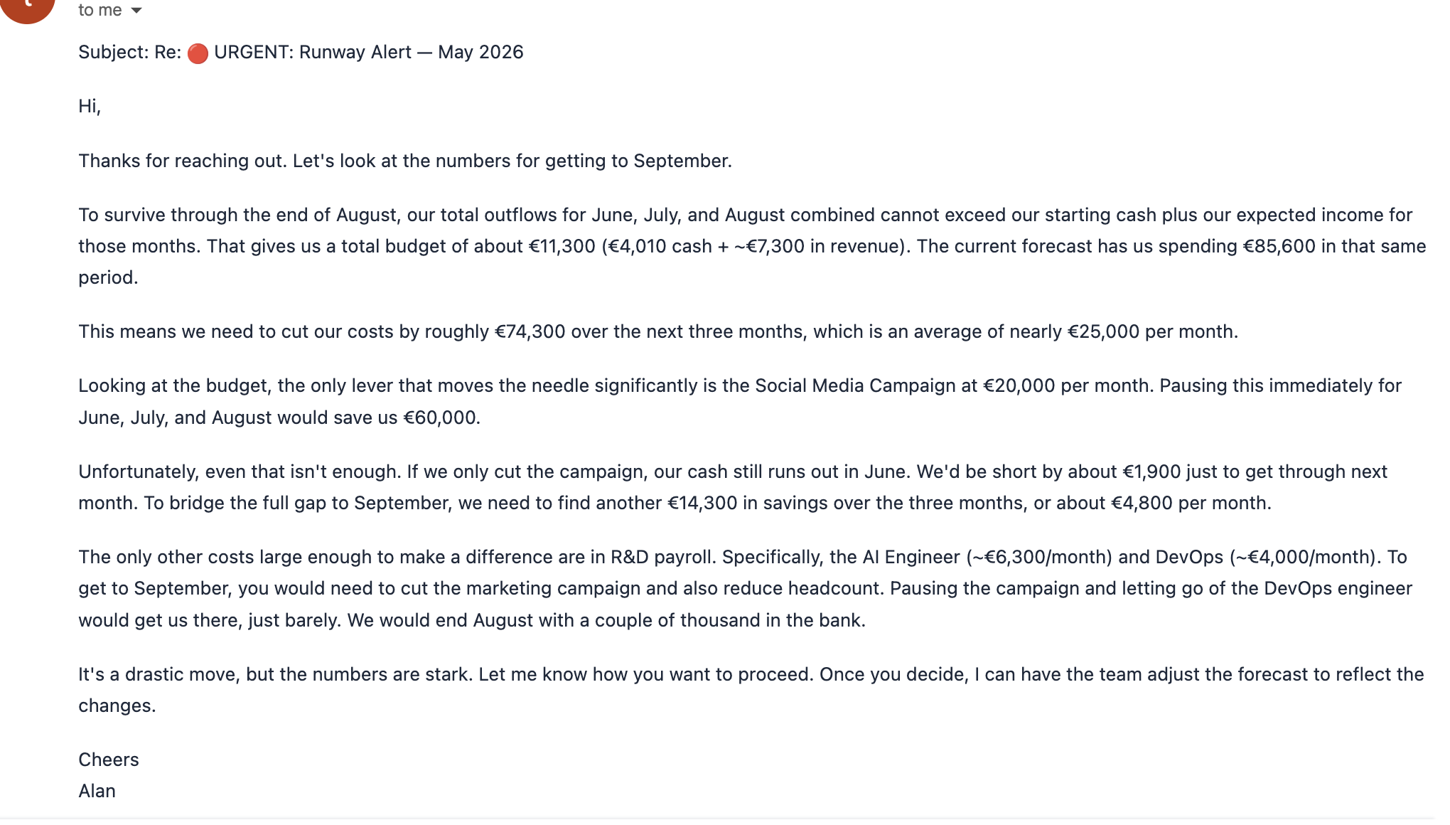 Example runway recommendation email